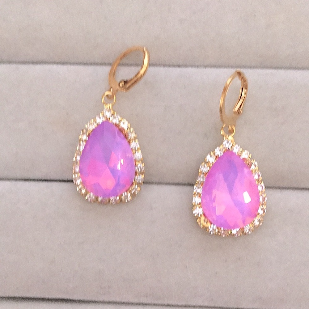 Pink-Purple Opal Aurora Borealis + Gold Crystal Halo Pear Drop Earrings - Picture 6 of 6